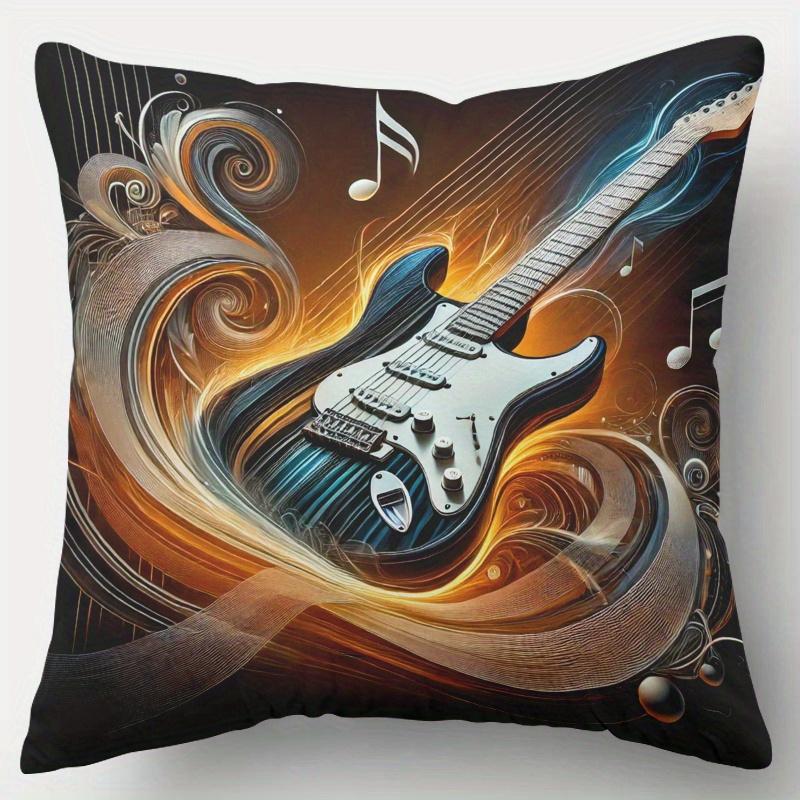 Pillowcase 1Pc, Electric Guitar Melody, Printed Holiday Theme Cushion Cover With Hidden Zipper, Suitable For Sofa, Living Room,