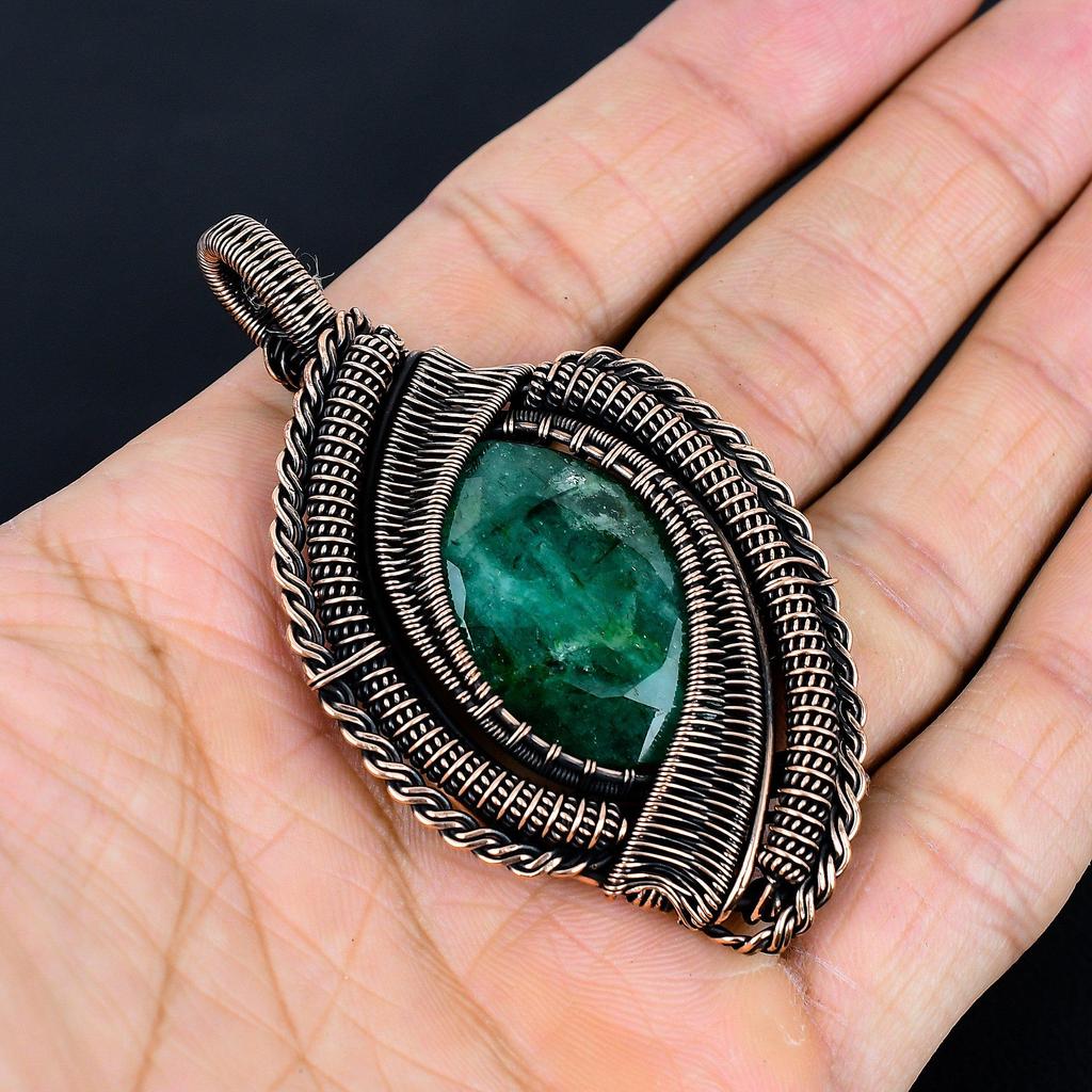 Emerald Pendant, 999 Copper Wire Wrapped Pendant Gemstone Jewelry, Handmade Pendant Amazing Jewelry, Gift For Her