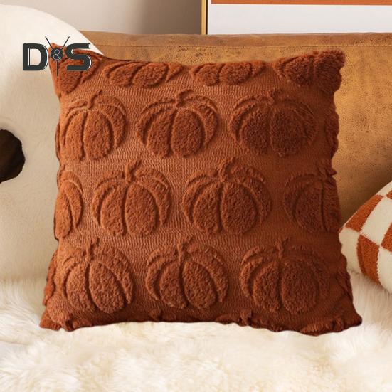 Halloween Pillowcase 3D Pumpkin Pattern Solid Color Hidden Zipper Square Shape Long PV Velvet Bedroom Living Room Sofa Decoration Pillowcase Pillow