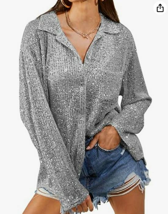 2025 Autumn European and American Women's Sequin Long-Sleeve Lapel Casual Shirt