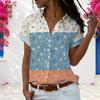 Women Plus Size Floral Printed Color Block Collared Short Sleeve Button Front Shirt