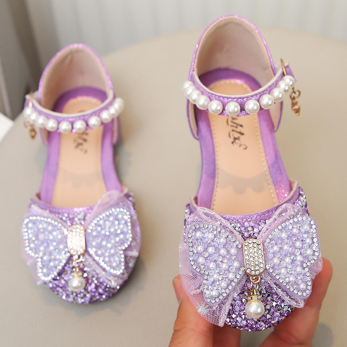 Elegant Girls Pearl Bow Rhinestone Princess Sandals 25/Inside Length 15.5cm