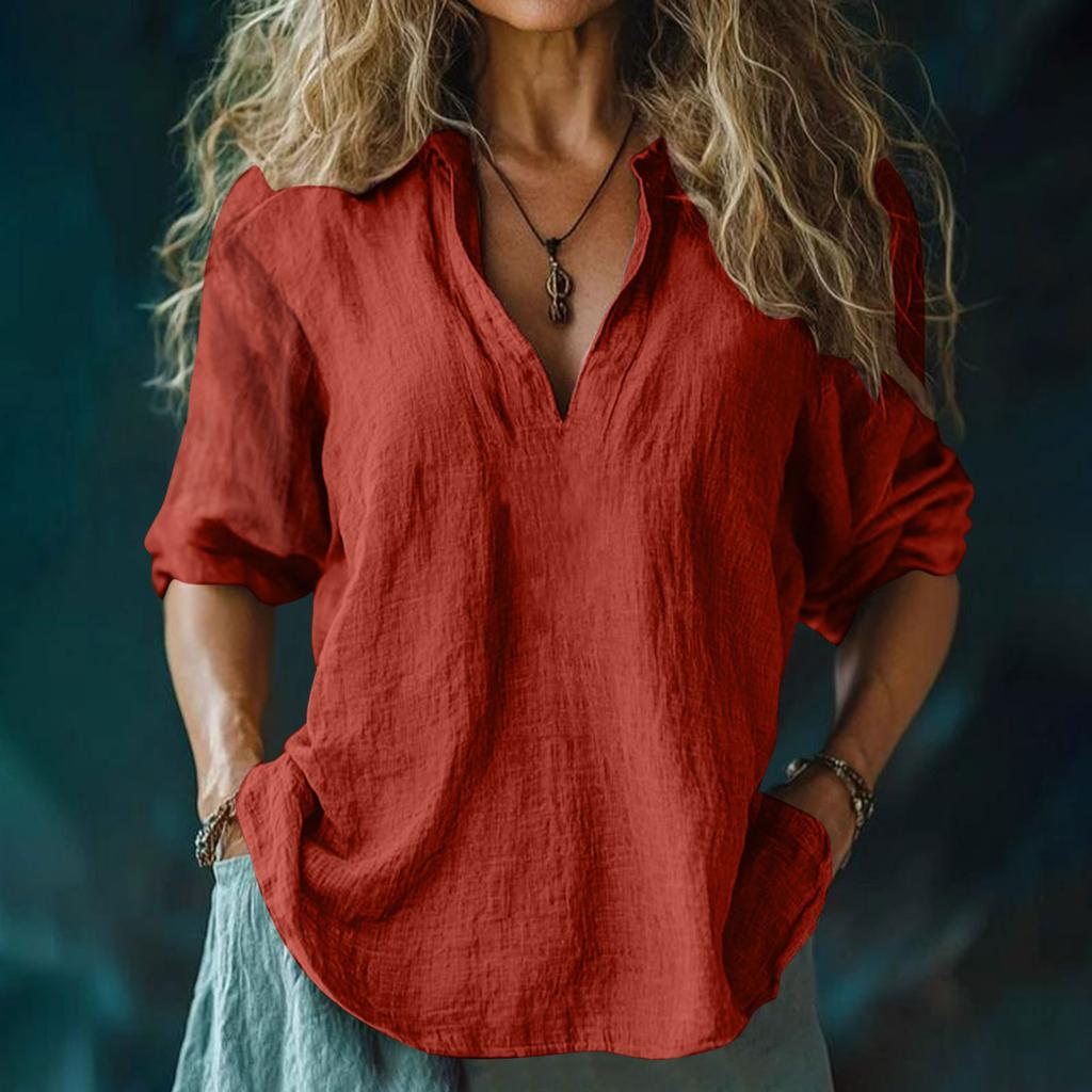 Women's Fashion Casual V-Neck Cotton-Linen Blend Shirt Loose-Fit Short-Sleeve Top