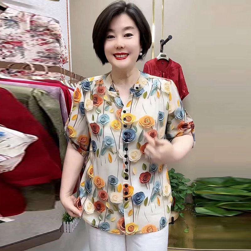 Women's Silk Blouse Summer Loose Floral Plus-Size Shirt V-Neck Printed Silk Shirt