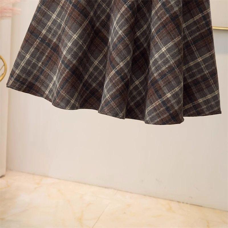 Maillard Retro Plaid Wool A-Line Skirt - Women's Mid-Length for Autumn/Winter