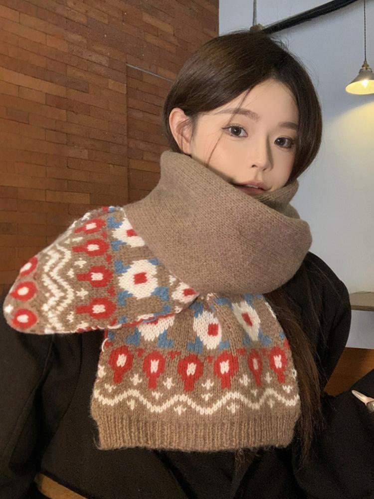 New Women'S Men Brown Floral Print Knitted Scarf Winter Warm Soft Korean Fashion Boho Wrap Scarves For Ladies Male Sweet Casual