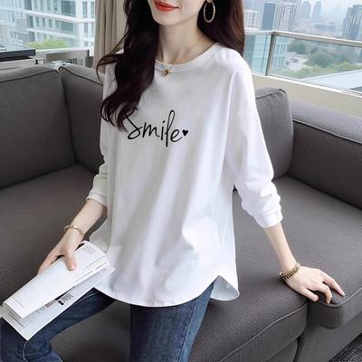 Spring and Autumn New Design Niche Base Shirt Curved Hem Top Pure Cotton Loose Long-sleeved T-shirt for Women