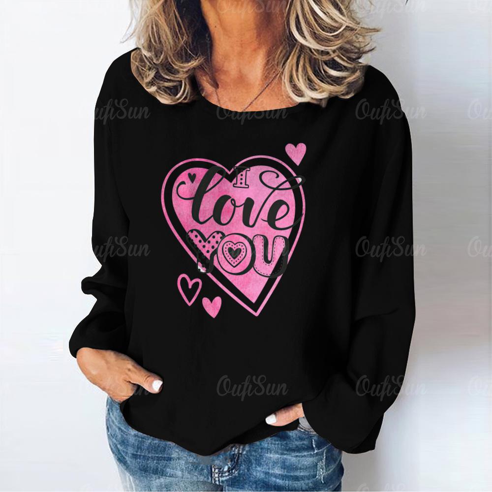

Fashion Colored Love Print Long Sleeves T shirt Fall/Winter Cotton Daily Women s T-shirts Casual Loose Female Clothing Tops L