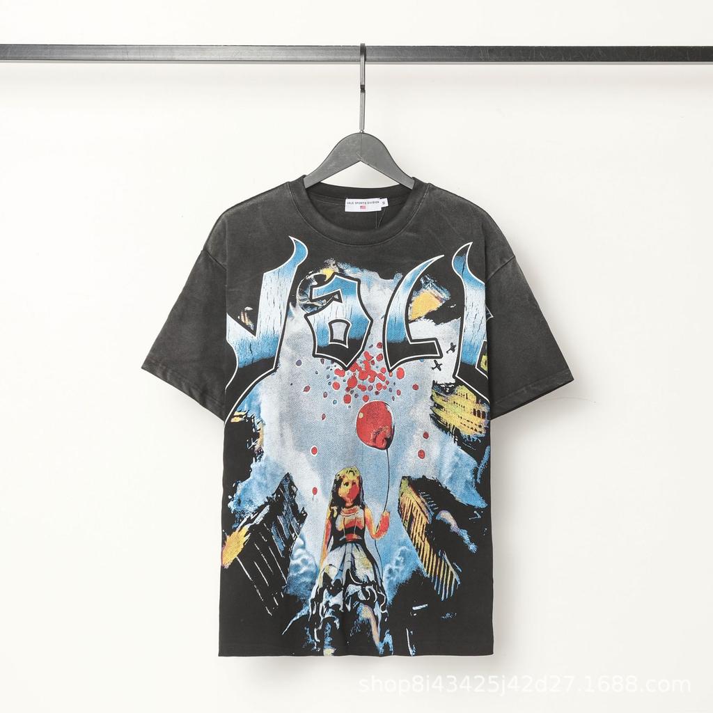 2025 Amerikanische trendige Marke Vall gewaschen alt bedrucktes kurzärmeliges Hip-Hop lockeres Streetwear-T-Shirt für Männer und Frauen