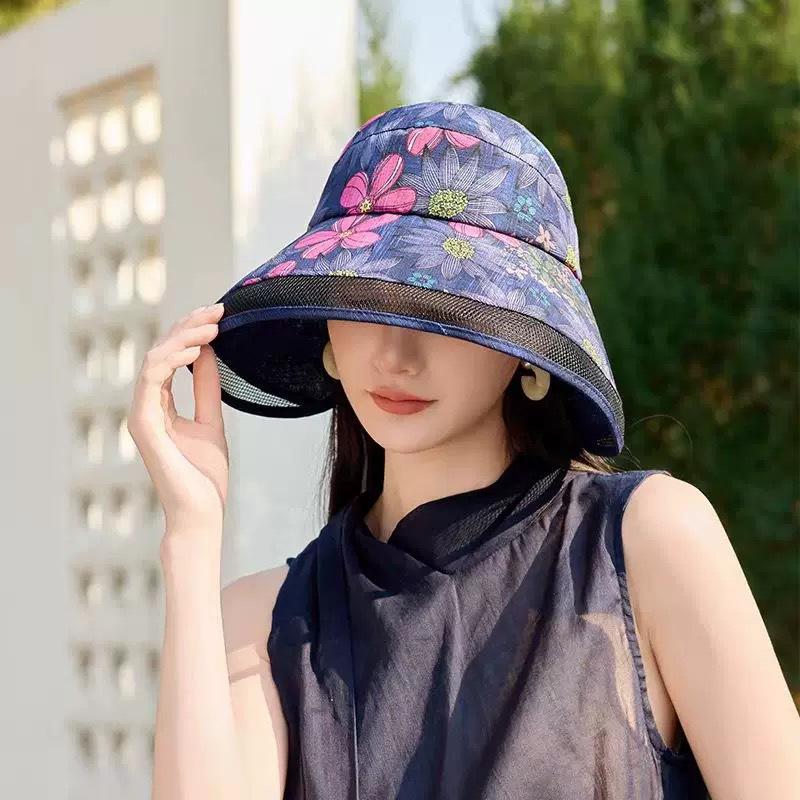 Empty Top Breathable Sun Hat Women'S Sun Protection Uv Protection Bucket Hat Mesh Yarn Ethnic Style Printing Hat Versatile