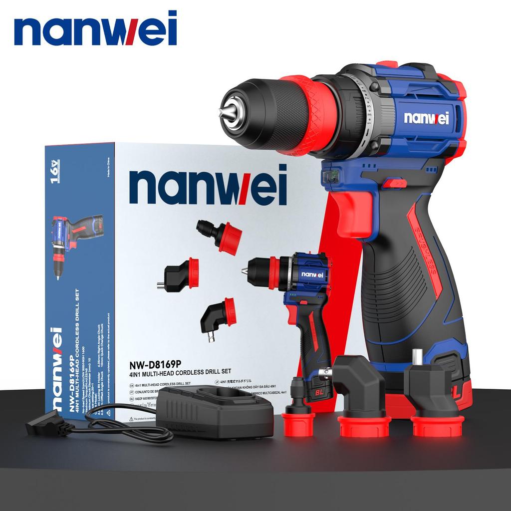 NANWEI 4-in-1 Electric Drill with Multiple Heads,brushless Motor 16 V, 45 Nm