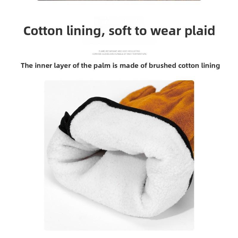 Heat-resistant and flame-retardant gloves, thickened cowhide high-temperature resistant welding leather gloves, durable camping protective gloves
