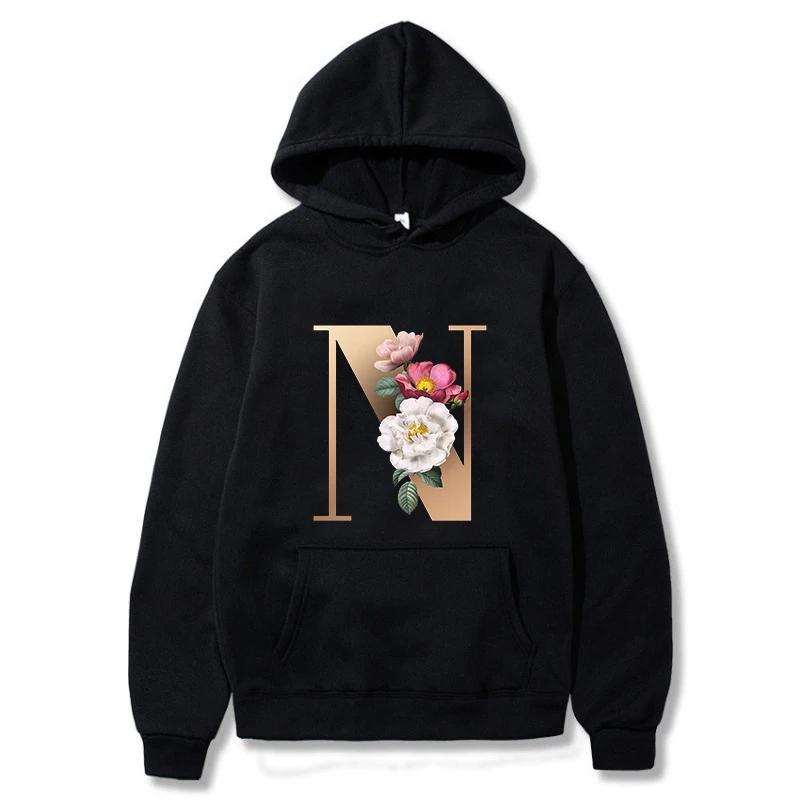 A B C D E English Alphabet Printed Female Hoodie Women New Autunm Couples Lovers Long Sleeve Hoody Harajuku Casual Black Tops