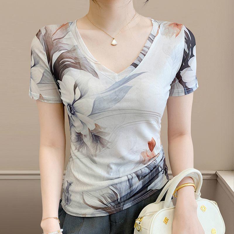 Summer New Mesh Women's Short Sleeved V-neck Top Fashionable Base Shirt Stylish and Chic Ice Silk T-shirt