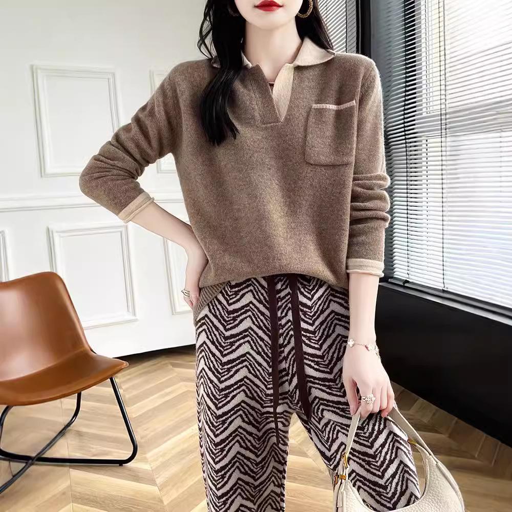 Women's Loose Wool V-Neck Color Block Pullover Sweater - Autumn/Winter Warm Lazy Style