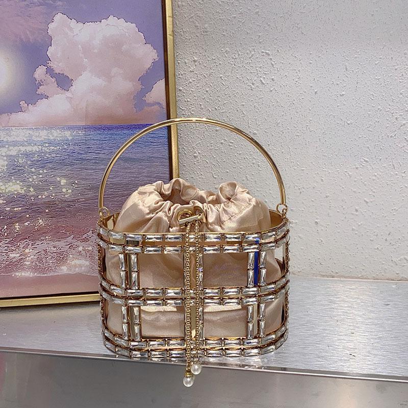 Metal Shiny Ineffectual Water Diamond Hollow Simple Vegetable Basket Banquet Silk Satin Bucket Messenger Bag