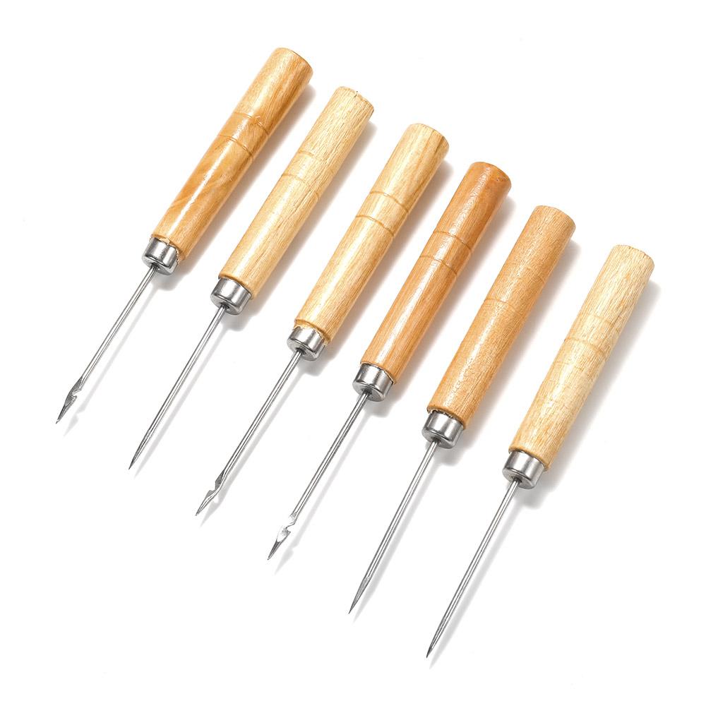 2pcs Wooden Handle Sewing Awl Hand Stitching For DIY Leather Bracelet Jewelry Making Repair Tool Punch Sewing Needle Hook Tool