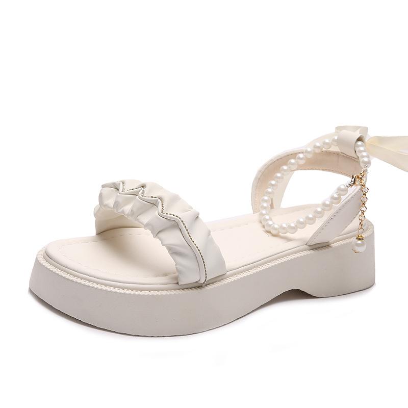 

SyfIyno Летние сандалии нового стиля с жемчужной цепочкой на толстой подошве, римские пляжные женские сандалии, французские сандалии для женщин 41