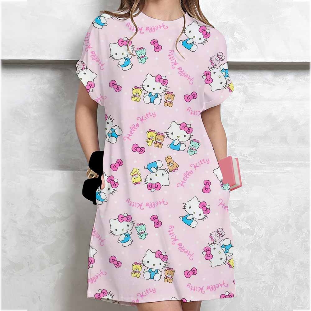 Women's Long Tshirt Dress Summer Fashion Girl Hello Kitty Print Oversized Casual Round Neck Short Sleeved Mini T-shirt Dress