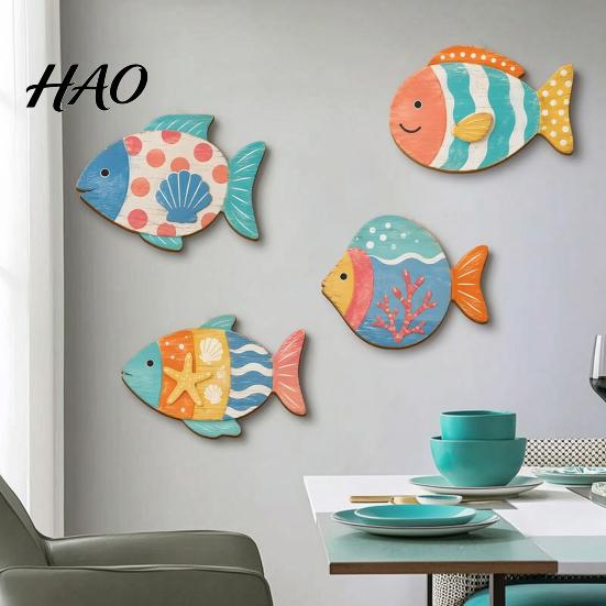 Coastal Wall Art Decor 4PCS Aspen Wood Fish Decor, Colorful Hanging Children Room Nautical Art, Beach Theme Decorative Plaques for Bathroom Living