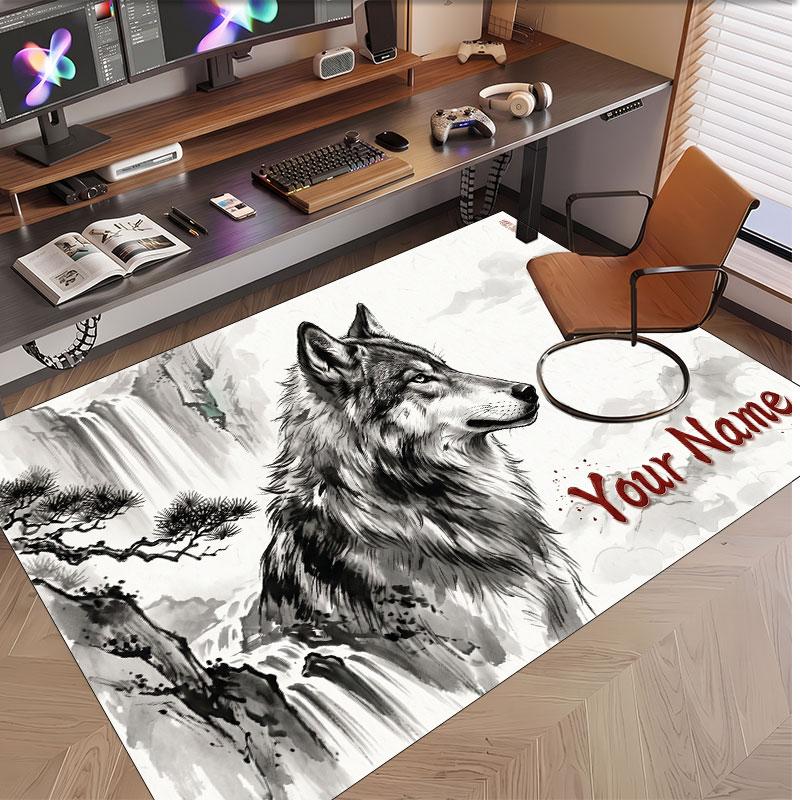 Wolf Theme Soft Crystal Velvet Rug Custom Name & Text Print Non Slip Floor Rug for Bedroom Living Room