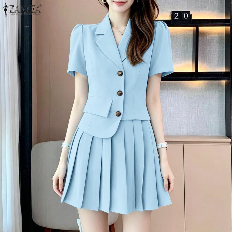 ZANZEA Women Short Sleeve Blouse and Pleated Skirts Casual Two Piece Sets