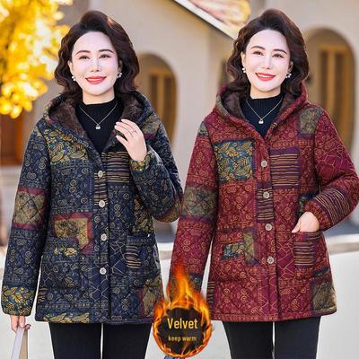 Floral Hooded Velvet Cotton Jacket for Middle-Aged & Elderly Women - Warm Winter Coat