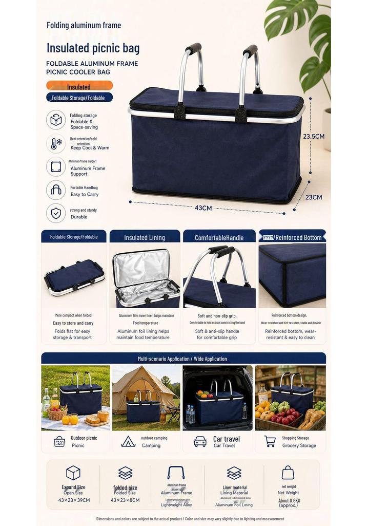 Portable Foldable Insulated Picnic Cooler Bag with Aluminum Foil Thermal Insulation for Camping and Outdoor Use