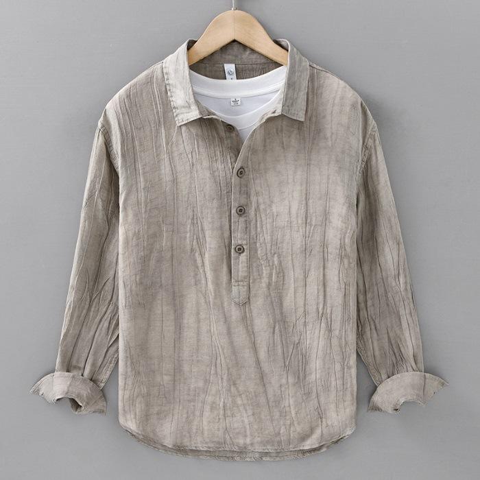 New Retro Men's Ramie Tiny Long-sleeved Shirt Casual Wrinkle Pullover Thread Shirt