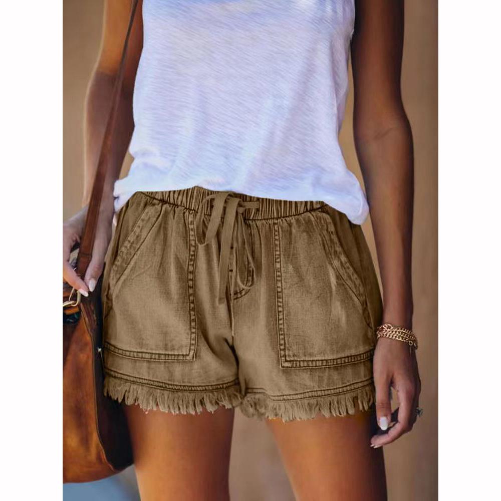 Jean Shorts Women's Drawstring Elastic Waisted Casual Denim Pocket Tassel Soft Summer Trendy Jeans