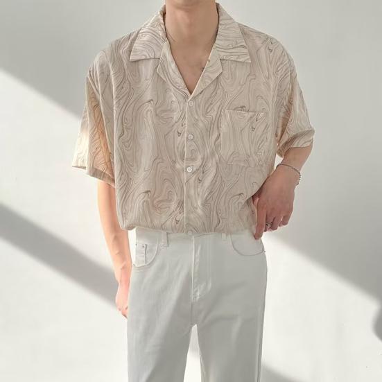 Men's Printed Short Sleeve Shirt Button Down Lapel Shirt with Pocket Summer Casual Beach Top for Vacation Travel