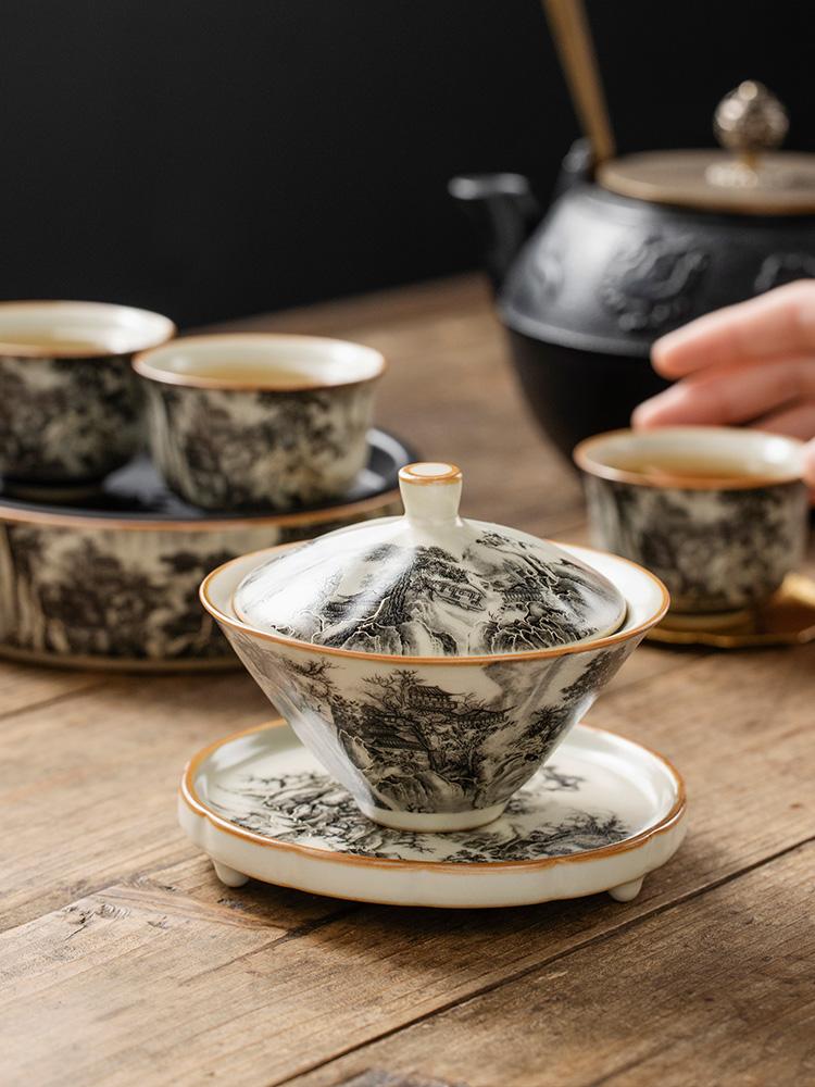 130ML Ru Kiln Landscape Porcelain Gaiwan Set For Tea Tureen Teaware Cup Chinese Yellow Ceramic Opening Tea Bowls Tea Ceremony