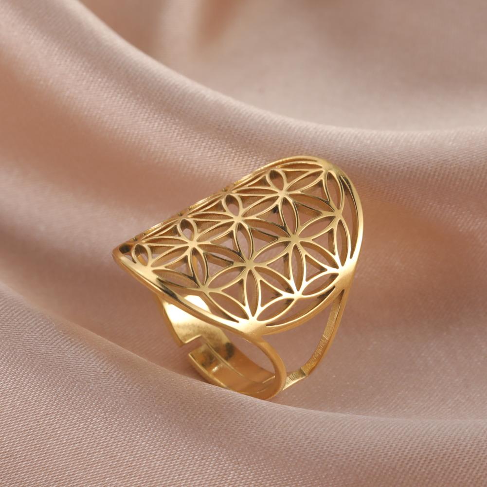 Stainless Steel Flower Of Life Ring Hollow Archangel Amulet Adjustable Ring For Women Sacred Geometry Wicca Jewelery Gift