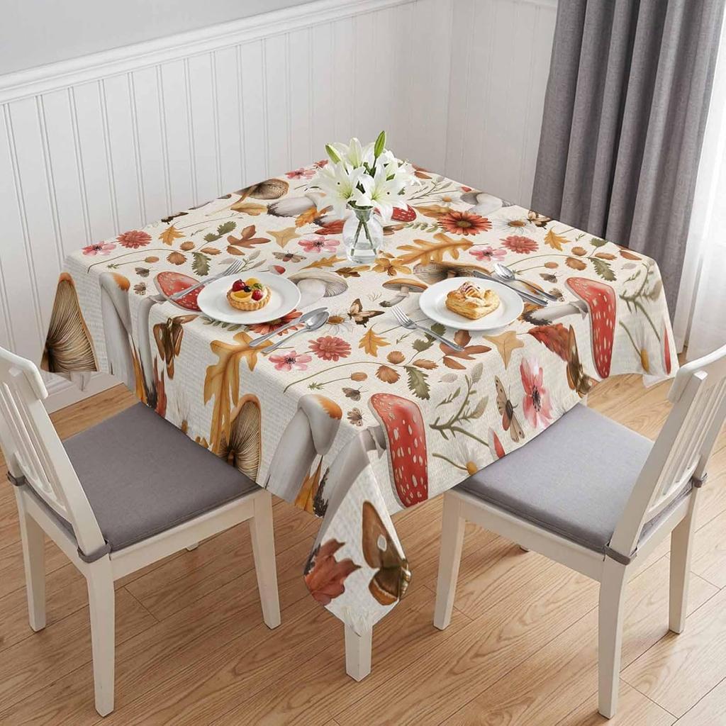Fall Mushroom Flower Leaves Rectangle Tablecloth for Table Decor Reusable Kitchen Dining Tablecloth Holiday Party Autumn Decor