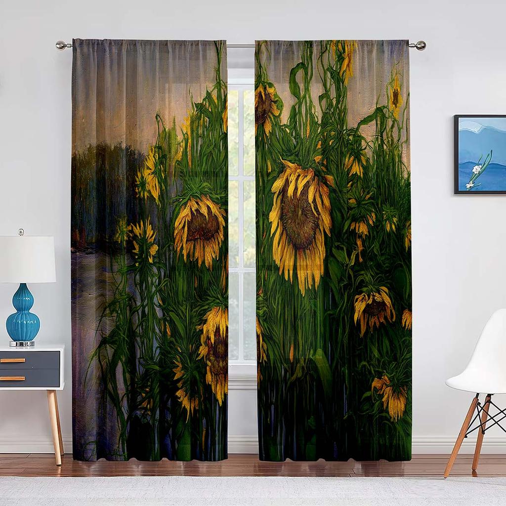 Sonnenblume Transparenter Voile Vorhang Ölgemälde Kunst Thema Bedruckte Chiffon Tüll Vorhänge für Wohnzimmer Schlafzimmer Küchendekoration