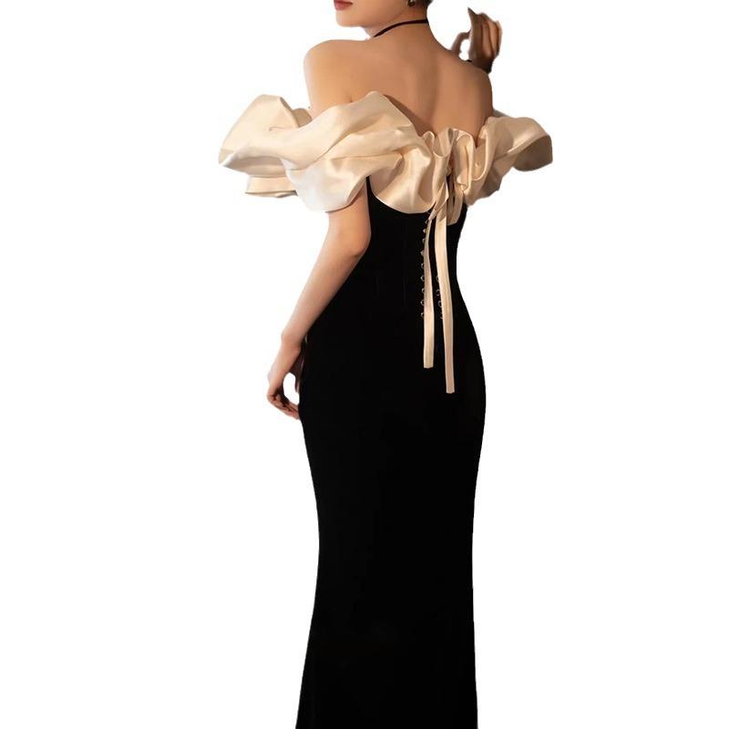 Black One-word Shoulder Evening Dress, Femininity, High-end Fishtail, Advanced Sense, Adult Ceremony Banquet Dress, Light Luxury Niche