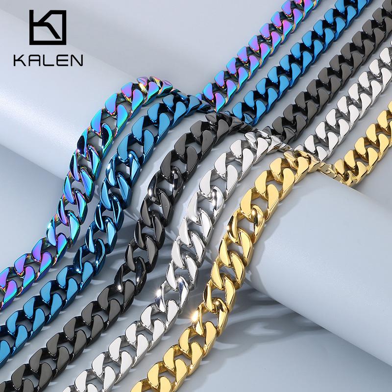 Kalen 15mm Shiny Stainless Steel Necklace For Men Women Hip Hop Colorful Charm Cuban Chain Jewelry Minimalist Golden Bracelet