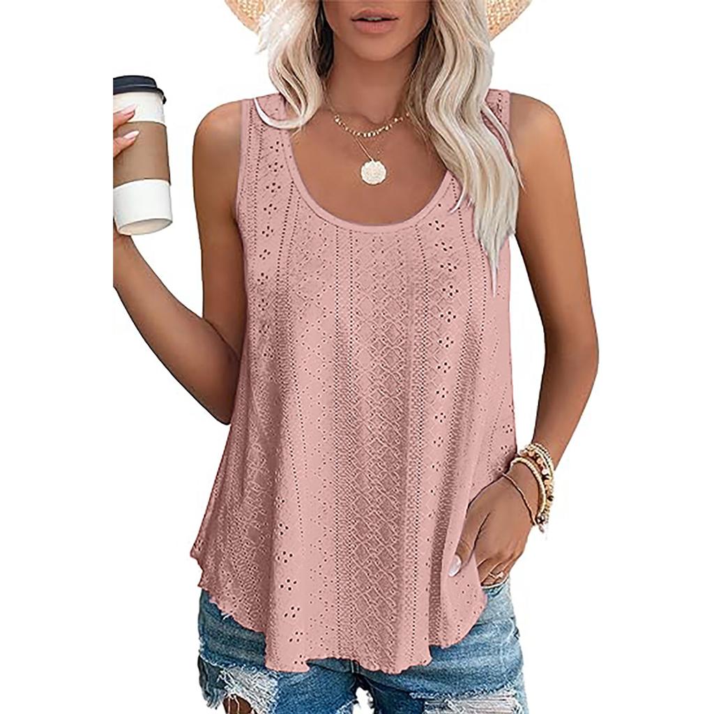 Women's Round Neck Sleeveless Tank Top Loose Fit Elegant Commuter Eyelet Hollow Out Vest Solid Color Casual Summer Blouse For Daily Wear