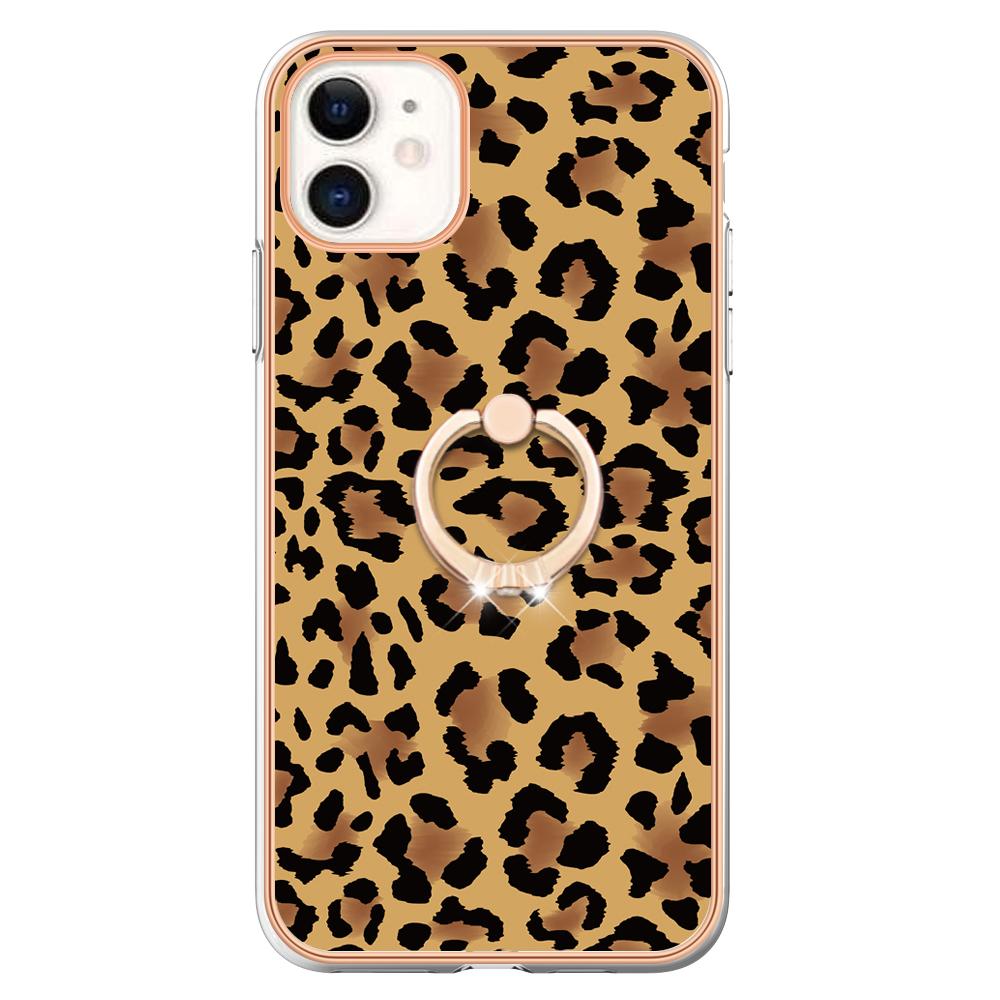 

YB IMD Series-20 Style D For iPhone 11 IMD Pattern 2.0mm TPU Case Electroplating Ring Kickstand Phone Cover Leopard