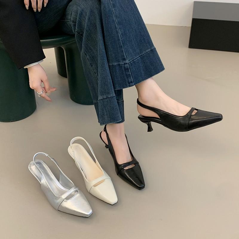 Women's Mid Heels Sandals Pointed Toe Elegant Pumps Summer Slingback Shoes 2025 Trend Fashion Shallow Dress Sandalias De Mujer