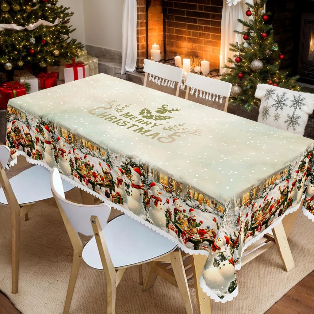 Tablecloth with Embossed Edges , Featuring a Merry Christmas Theme for Parties, Adorned with a Buffalo Check Bow, Poinsettias, Christmas Trees