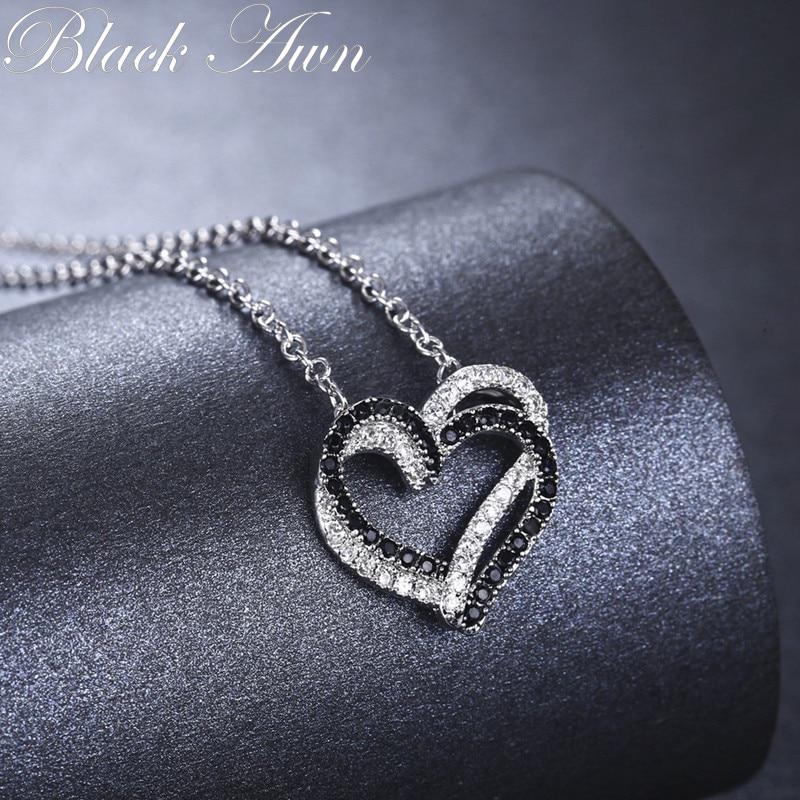 BLACK AWN Heart Genuine LOVE Necklaces Pendants Jewelry Black&White Stone Jewelry For Women