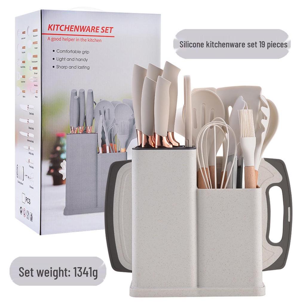 Spot Silicone Kitchen Utensil 19-Piece Non-Stick Set: Includes Spatulas, Spoons, Storage Bucket, and Knife Set.