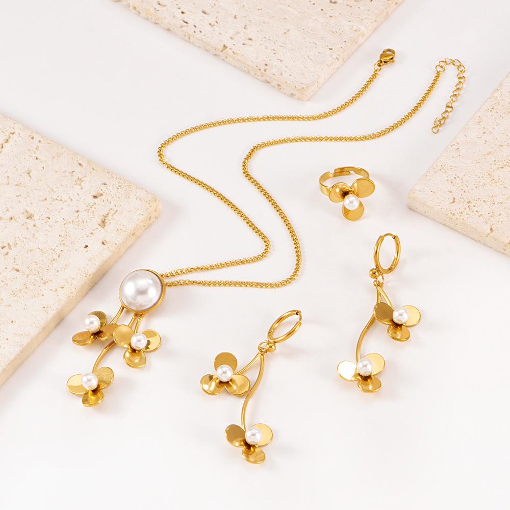 Stainless Steel Pearl Flower Jewelry Set - Necklace, Earrings, Ring