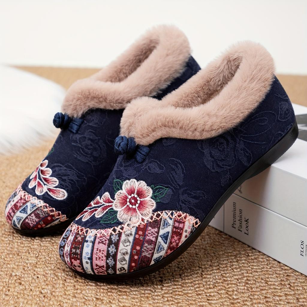 Women's Plush Winter Slippers with Floral Lace-Like Pink & White Pattern - Cozy House Shoes, Plush & Sole, Soft Fabric Upper for Indoor - Warm Booties