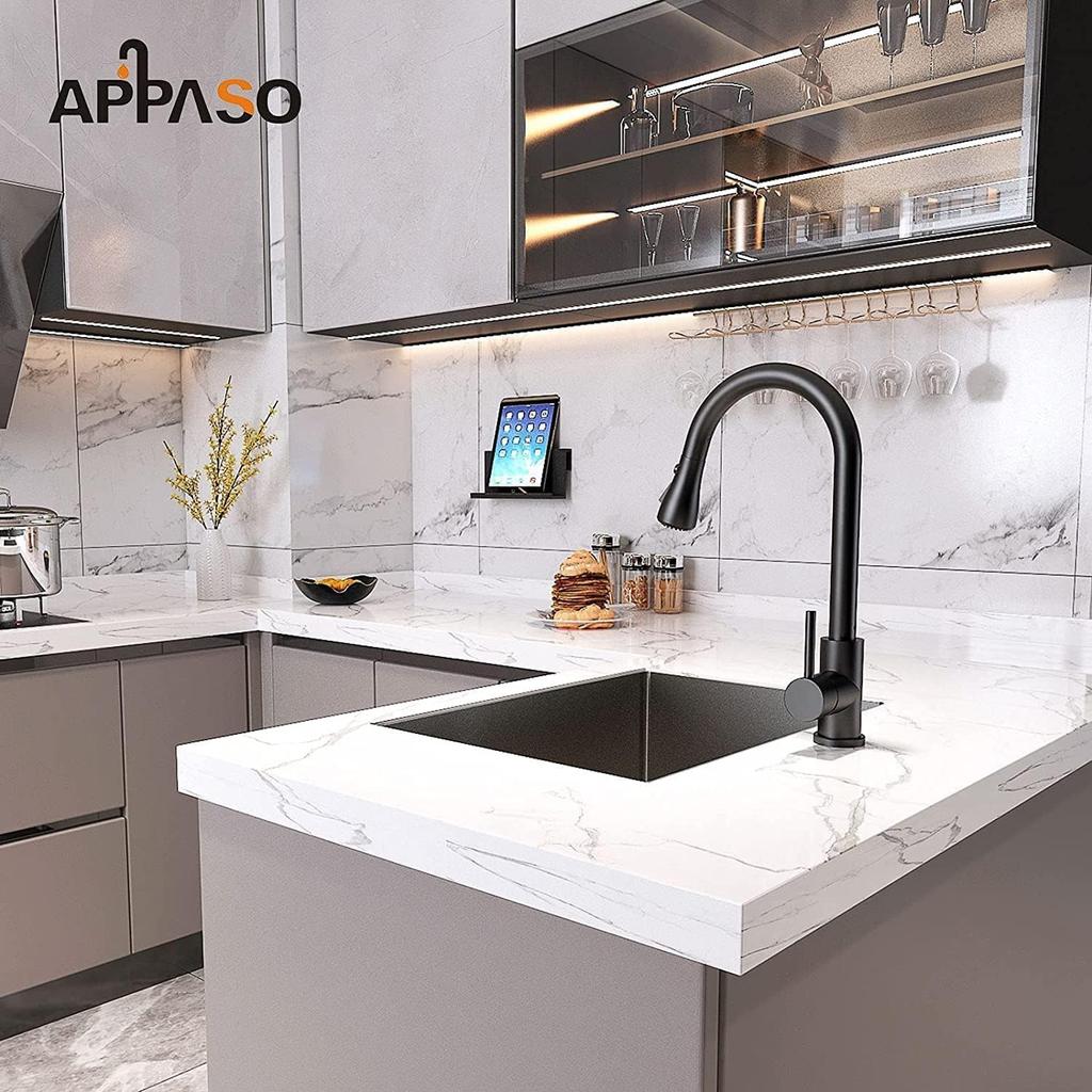 APPASO Black Kitchen Rotating Single SUS304 Stainless High Arc Sink with Hot and Cold Water Pull-Out Mixer, 360° Lever, Steel, Gooseneck, Mixer,