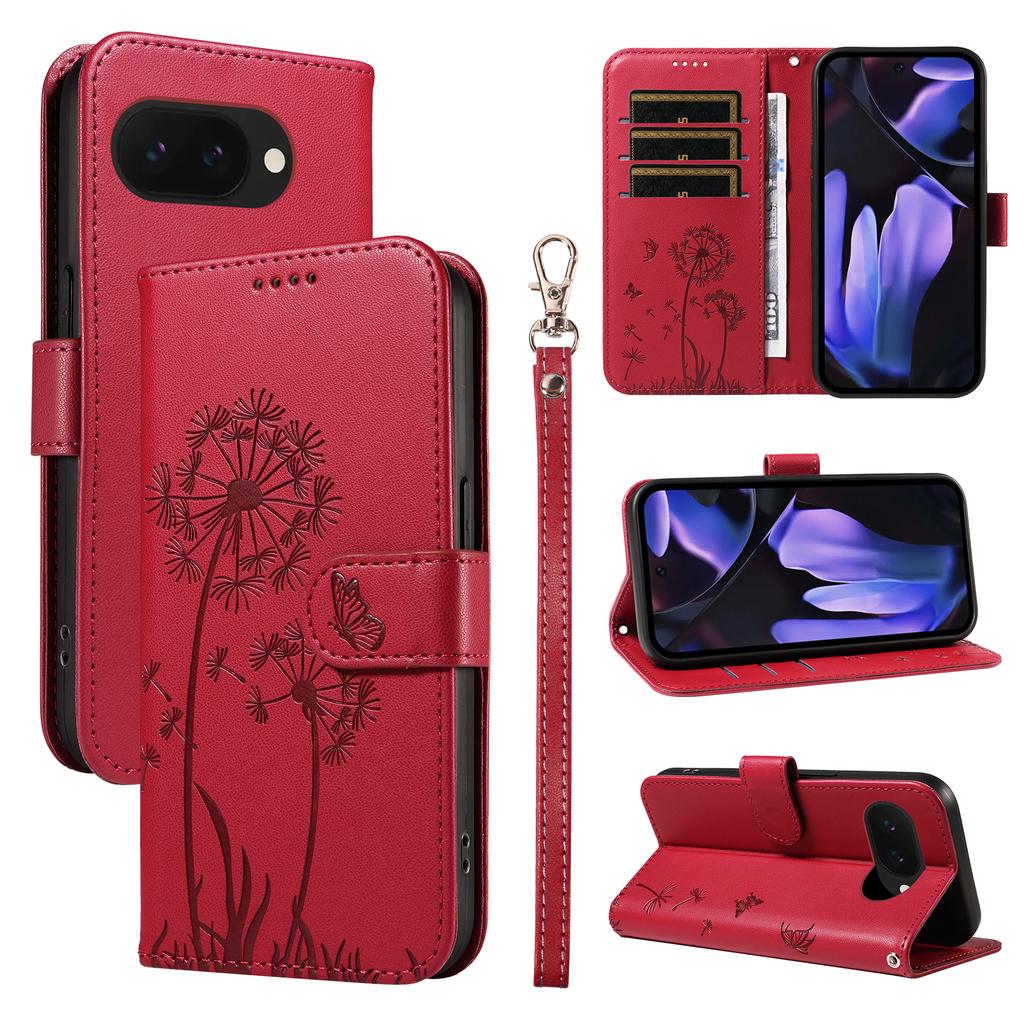 For Google Pixel 9a Leather Wallet Case with Strap Dandelion Imprint Phone Stand Cover