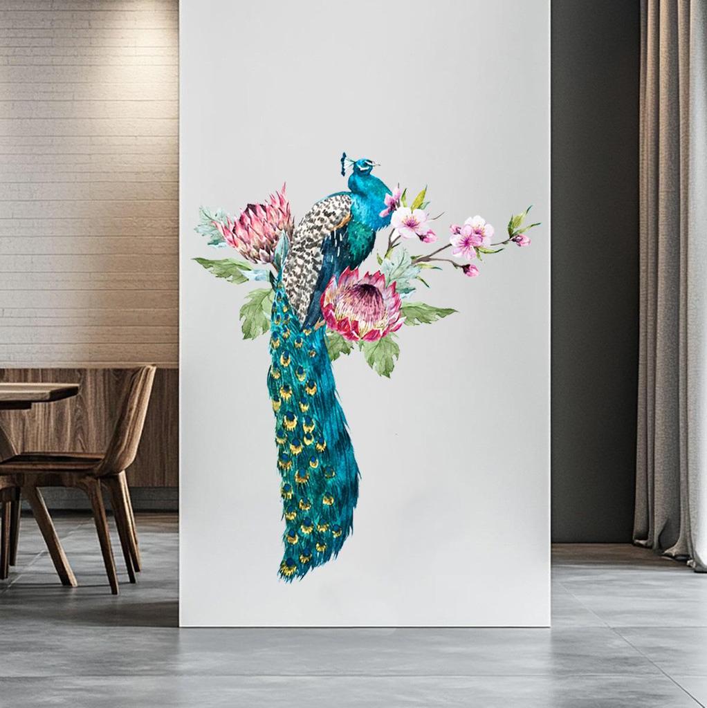 Peacock on Branch Removable Wall Sticker for Living Room or TV Background Decoration