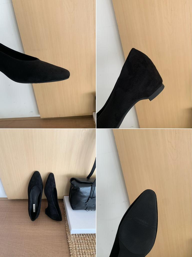 2025 new pointed suede short thick heel shallow mouth versatile set feet OL women's single shoes commuter work women's shoes