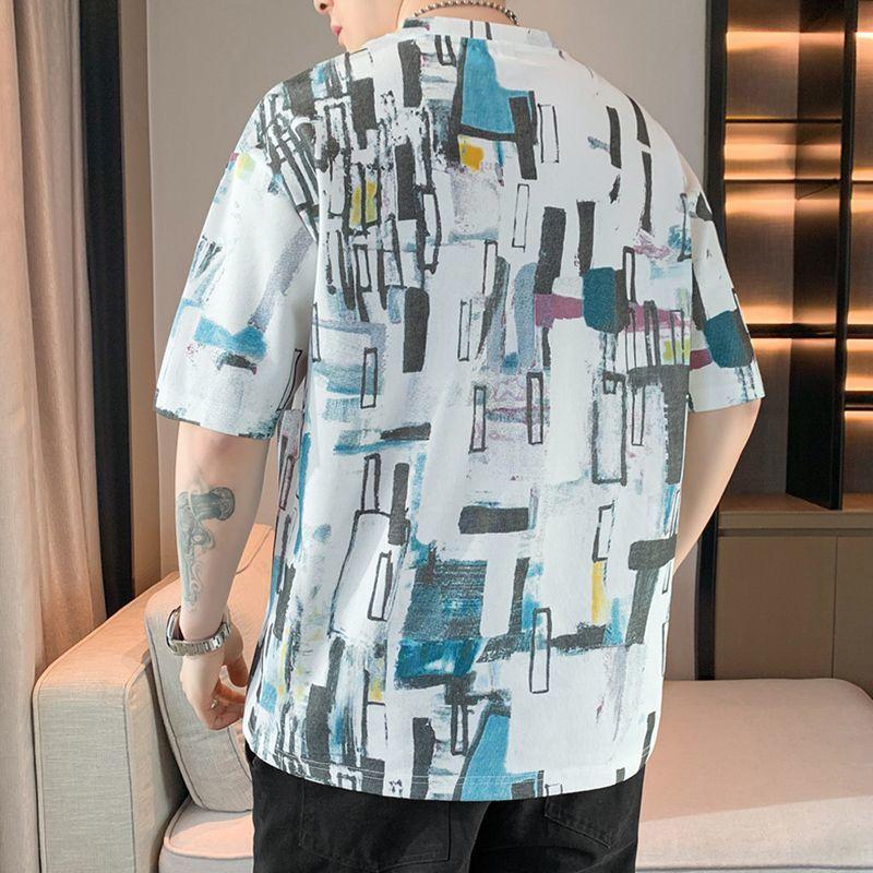 Young Style Hand-Painted Pullovers Men's Clothing Chic Contrasting Colors Summer Short Sleeve Loose Casual Round Neck T-shirts